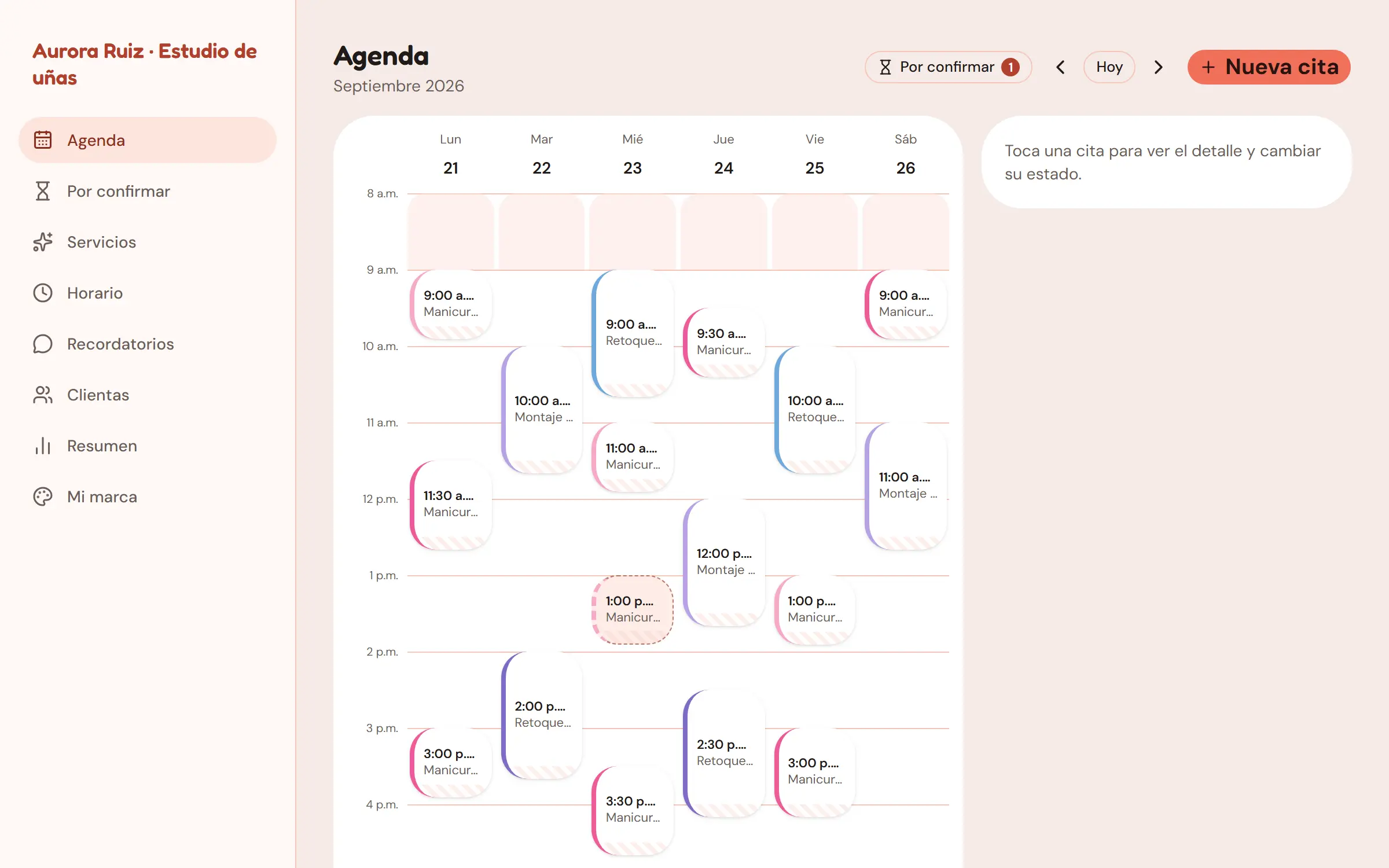 Agenda semanal de Agenda2 en computador con citas confirmadas y pendientes