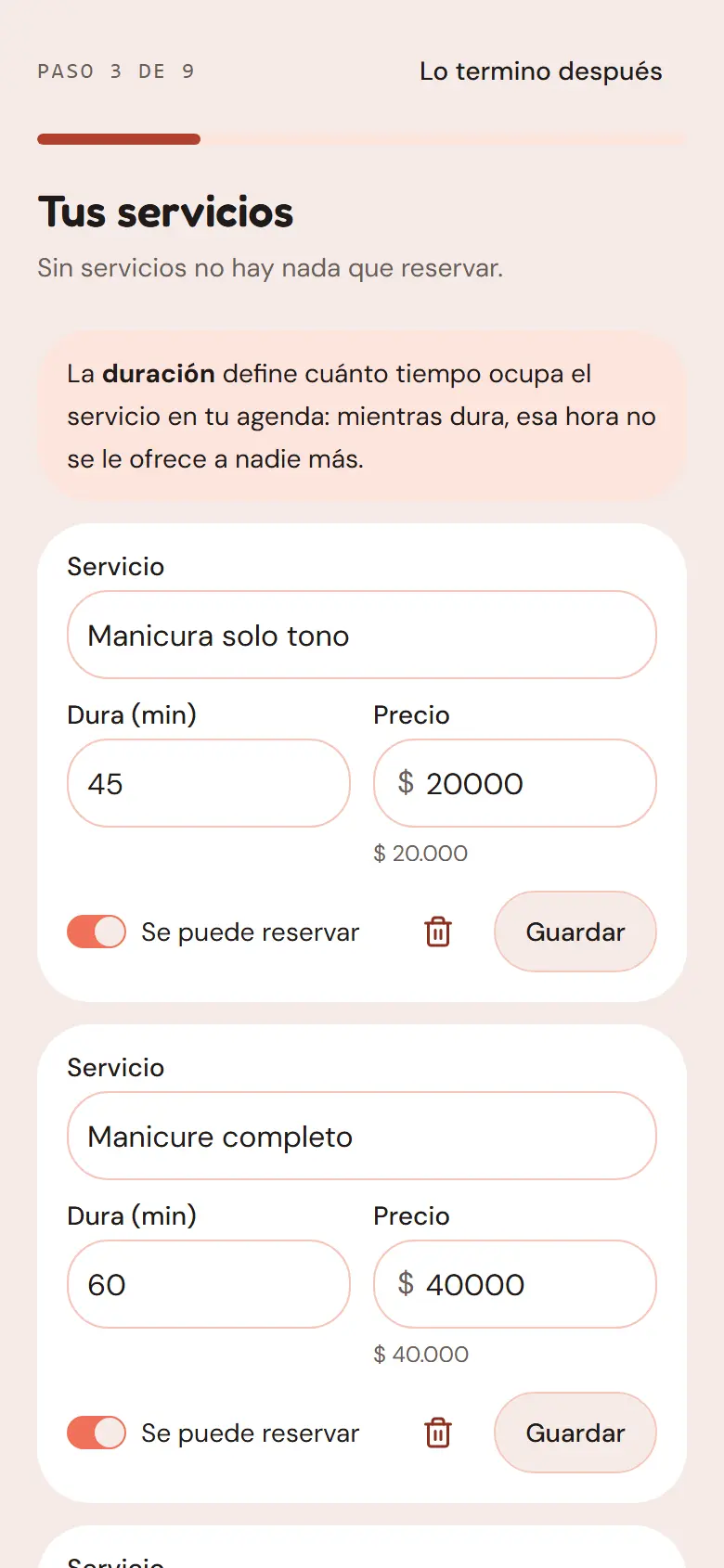 Asistente de configuración: paso de tus servicios con su duración y precio