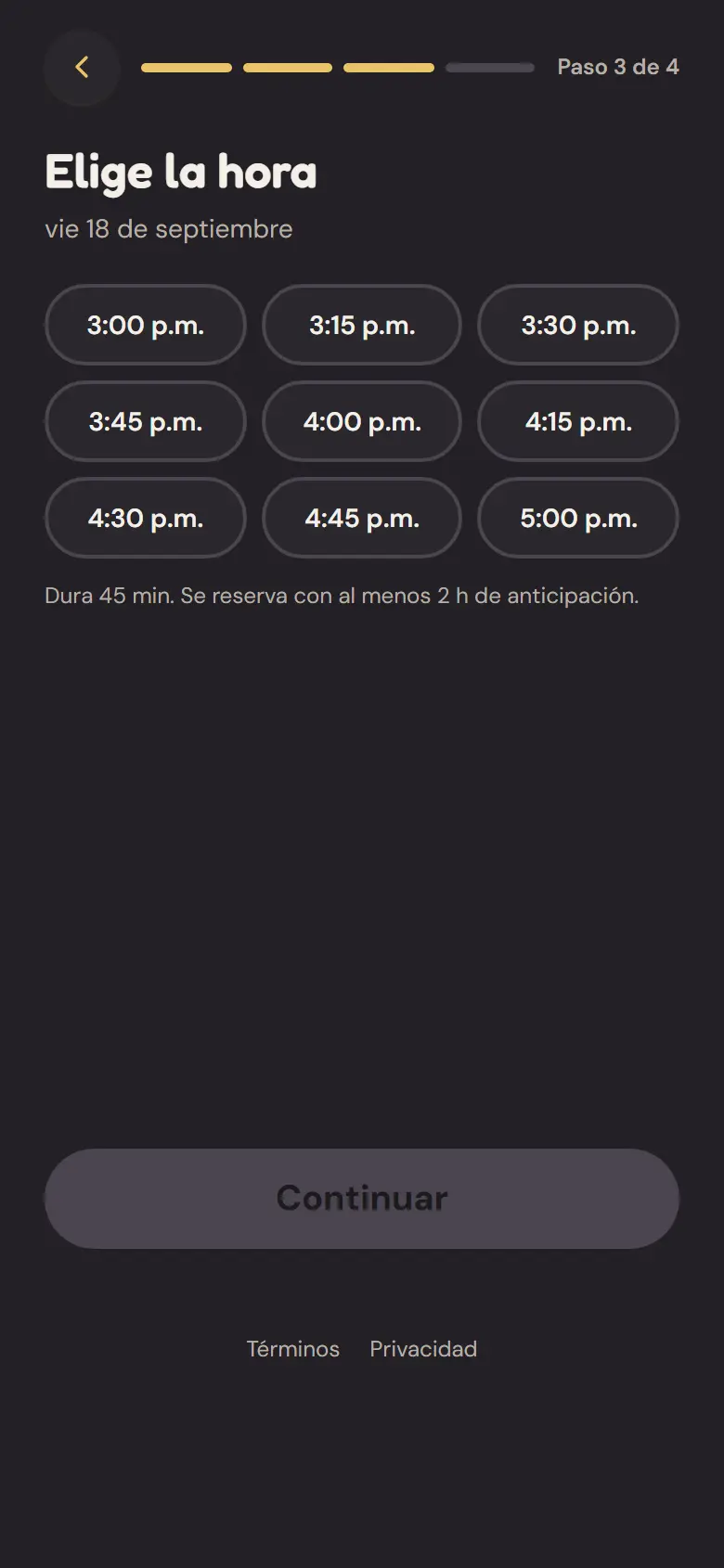 Pantalla de reserva de una barbería: calendario y horas disponibles