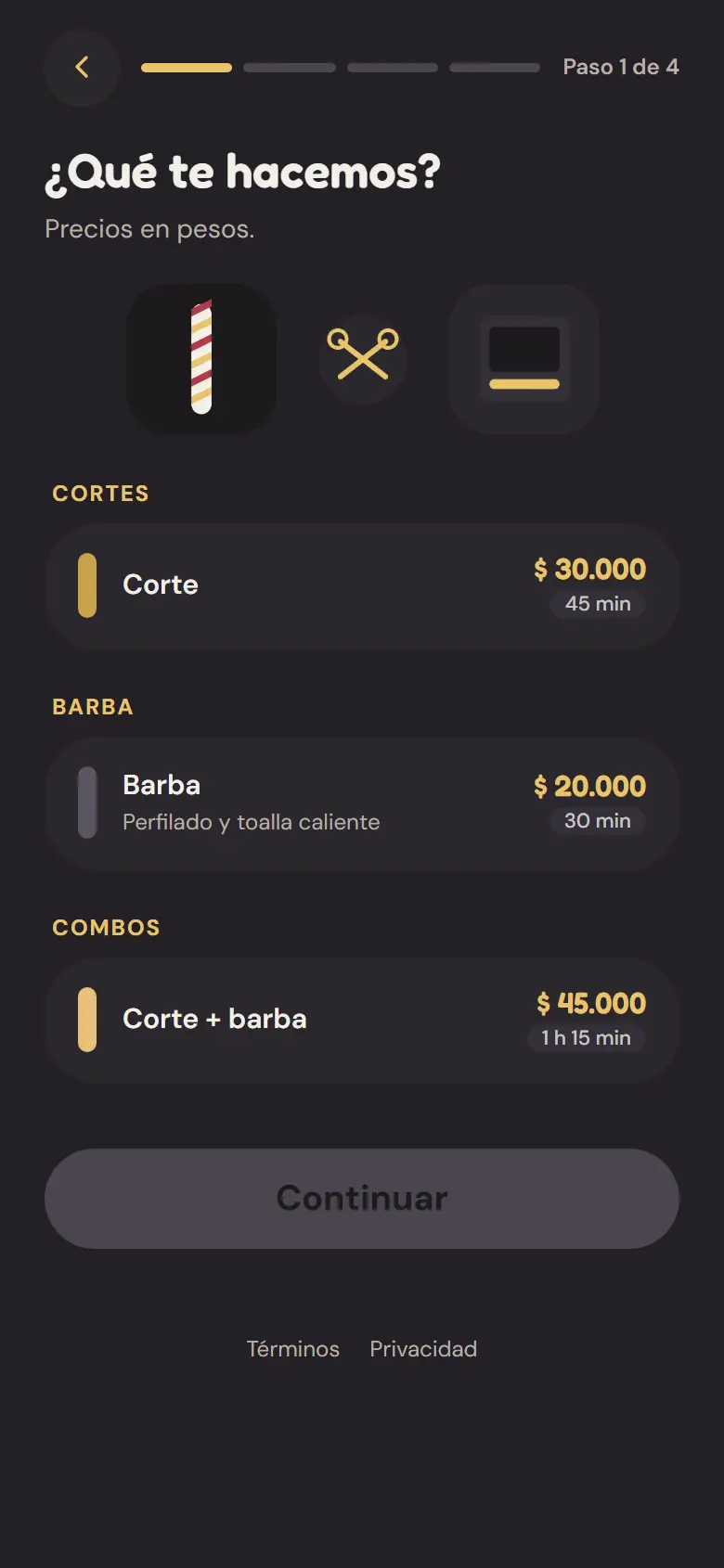 Pantalla de reserva de una barbería: lista de cortes con precio y duración