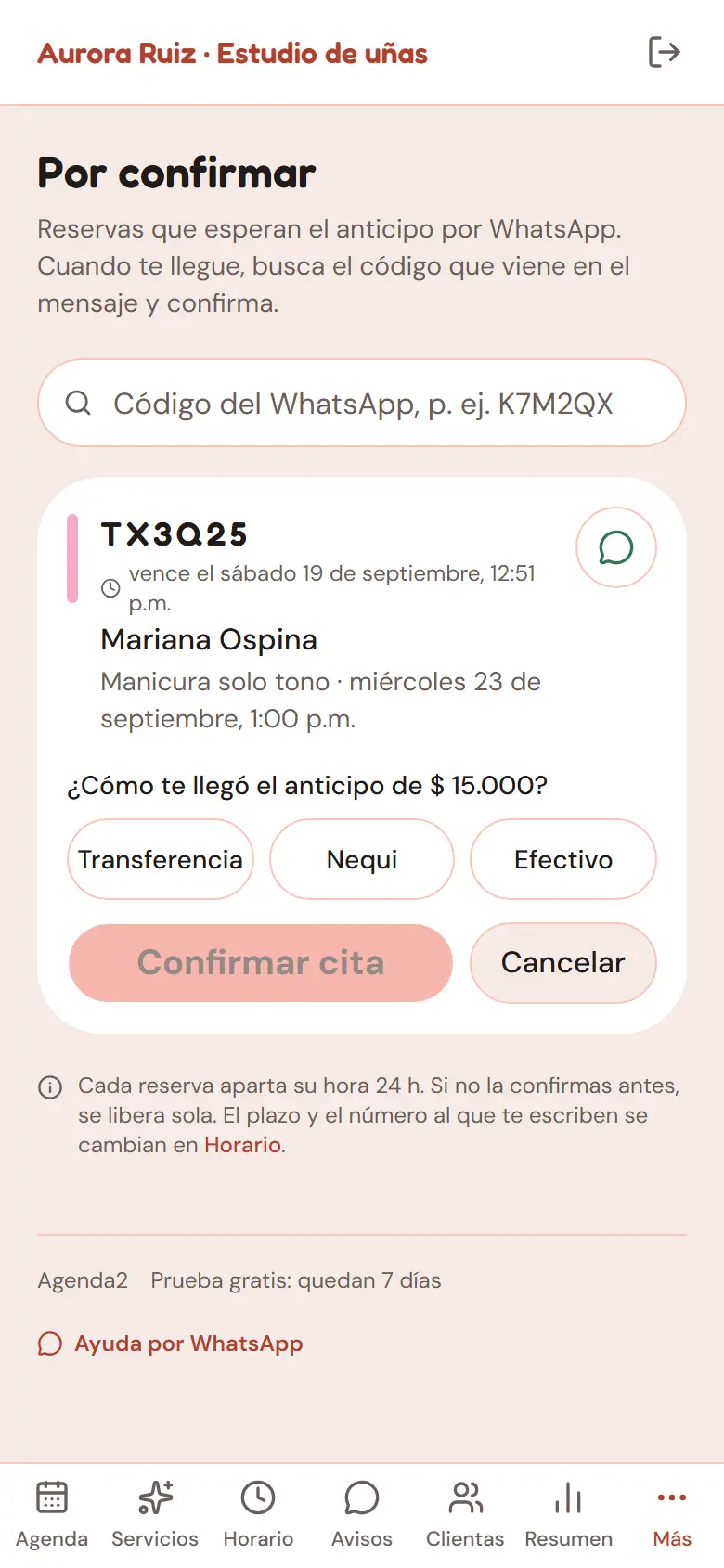 Panel de Agenda2 con una cita pendiente y el botón Confirmar cita