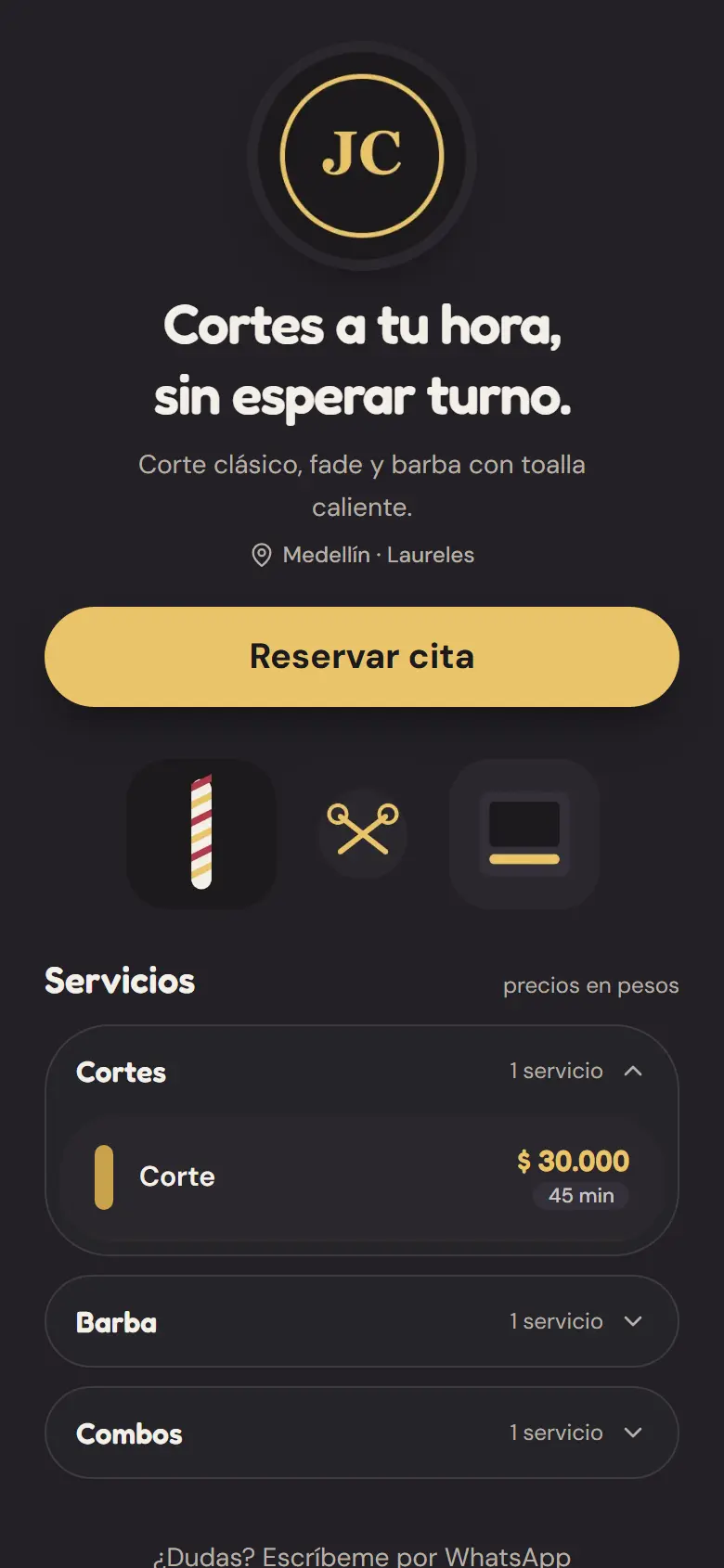 Portada de reservas de una barbería en tonos oscuros