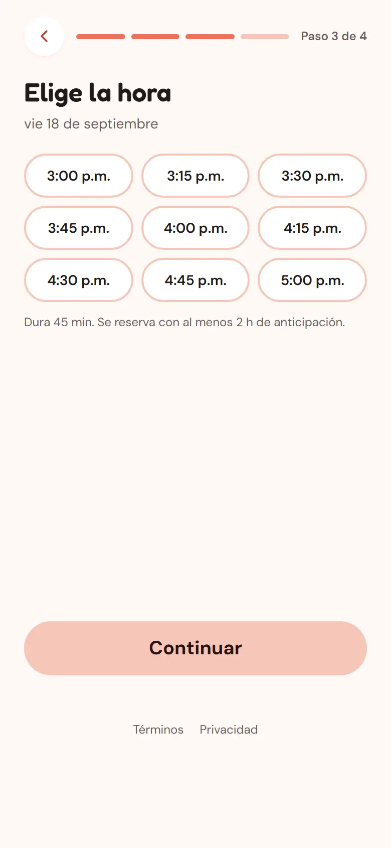 Pantalla de reserva: calendario y horas disponibles